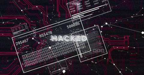 Cyber breach interface showing hacked overlay with circuitry, keyboard grid and neon glitch