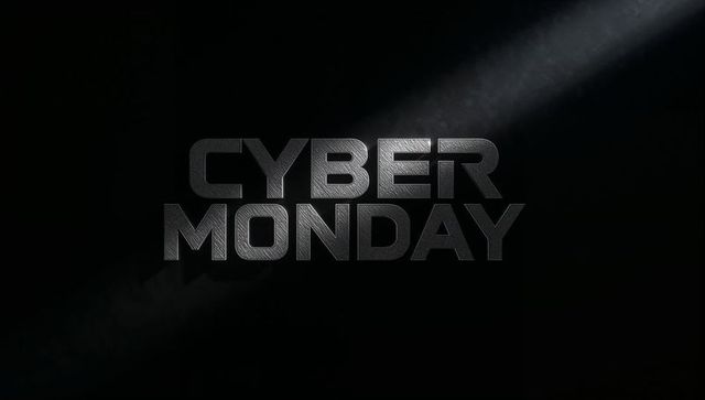 Brushed Metal Cyber Monday Text Reflecting Spotlight on Dark Background for Sale Campaigns