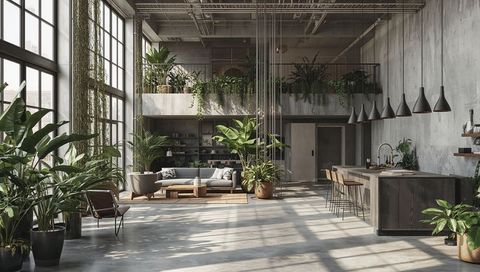 Loft Living Room Bathing in Sunlight with Mid-Gray Sofa and Lush Indoor Plants