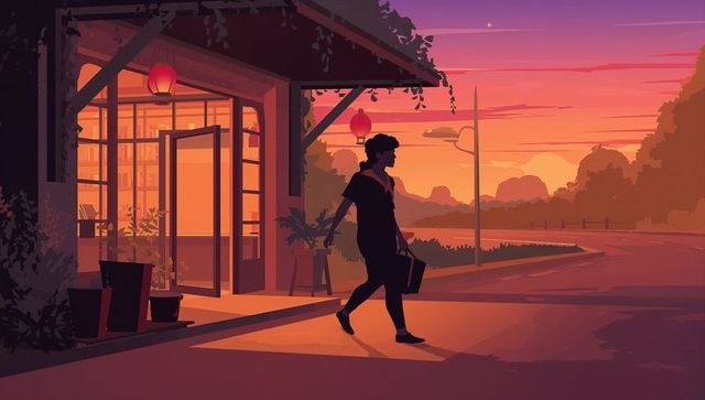 Silhouette commuter walking past lit glass storefront at sunset with red lanterns