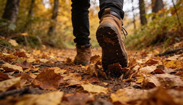 Autumn trail stomp: close-up hiking boot kicking golden leaves on forest path, solo hike