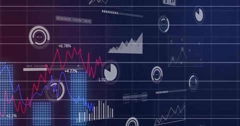 Financial Dashboard Showing Dark Blue UI with Red and Blue Line Graphs and Data Widgets