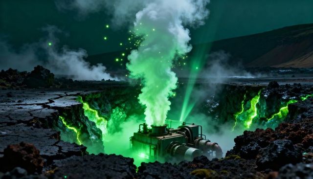 Neon green geothermal generator emitting vapor in volcanic fissure at night