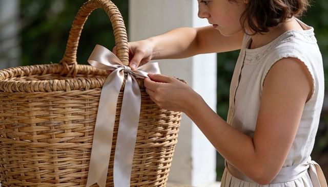 Child tying satin ribbon bow on wicker basket on sunlit porch