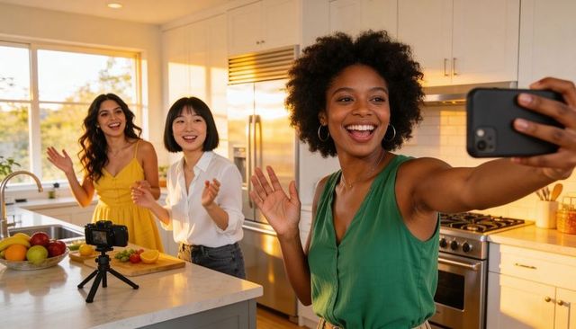 Multicultural friends filming cooking vlog in bright kitchen smiling and waving
