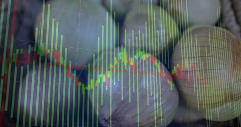 Blending onion harvest with translucent candlestick chart overlay for commodity market concept
