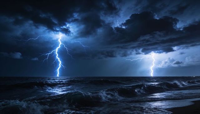 Twin forked lightning striking turbulent sea at night with reflections on wet sand
