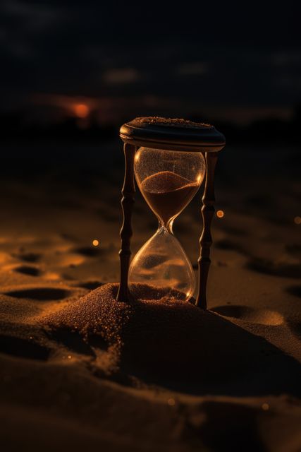 Close up of hourglass on sand in desert, created using generative ai technology. Waiting, aging, lifespan and time concept, digitally generated image.