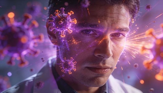 Doctor studying viral particles amid neon purple and orange light bursts