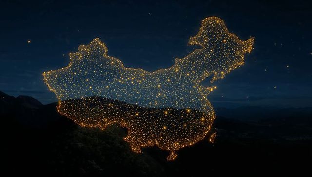 Glowing Dotted Outline of China Above Mountain Ridge at Night