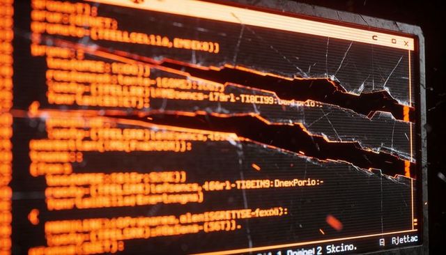 Cracked monitor displaying glowing orange terminal code with sparks and glitch fracture