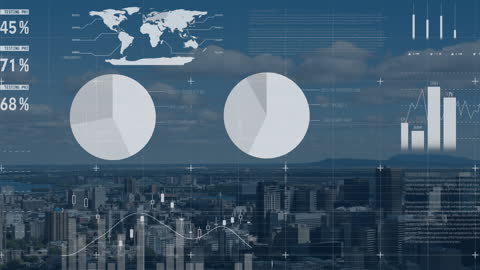 Infographic Interface Over Aerial Cityscape with Data Elements
