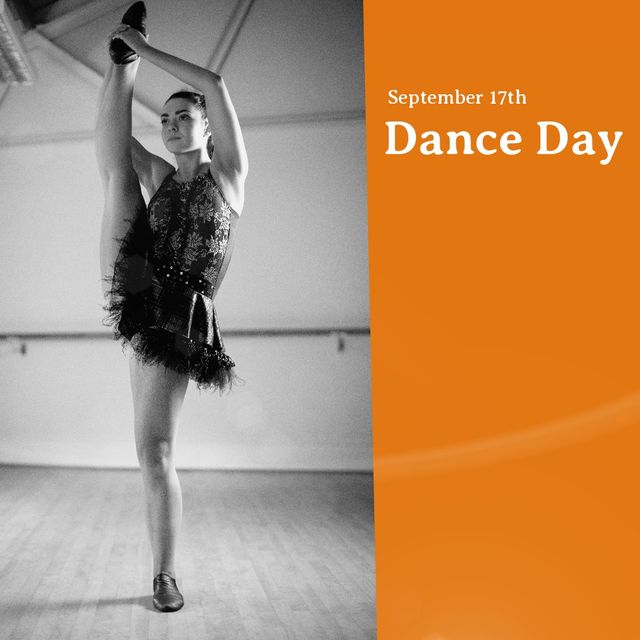 Image of caucasian female ballet dancer and national dance day on yellow background. Ballet, classic dance and national dance day.