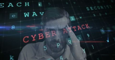 Worried man facing digital cyber attack warning interface