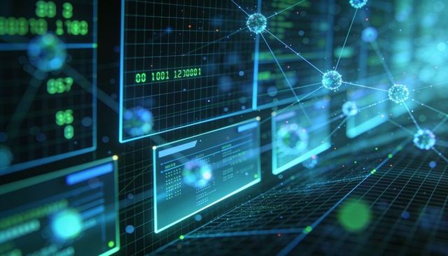 3d holographic network interface with glowing nodes, floating data panels, digital mesh