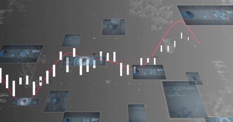 Displaying candlestick chart tracing red trend line over HUD data panels for finance analytics