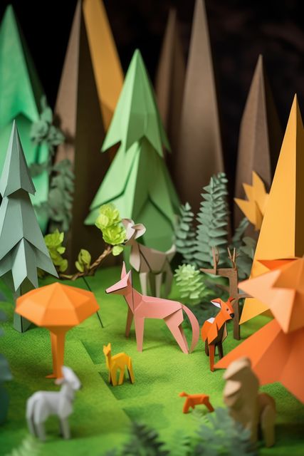 Green and brown origami forest and animals in summer, created using generative ai technology. Nature, seasons, wildlife and paper craft concept digitally generated image.