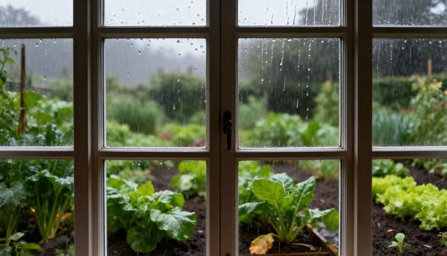 Rain on window overlooking lush raised-bed vegetable garden with lettuce and rich wet soil