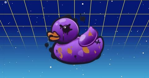 Surreal Graffiti Purple Duck in Cyberpunk Neon Grid