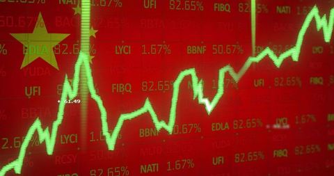 Neon green bullish line climbing on red china stock market display with yellow star
