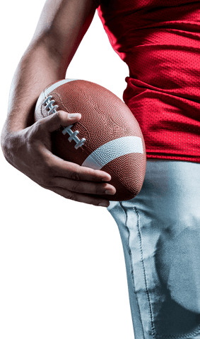 Athlete holding american football in action pose on transparent background