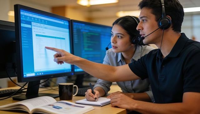 It support team collaborating on spreadsheet and code with headsets at workstations