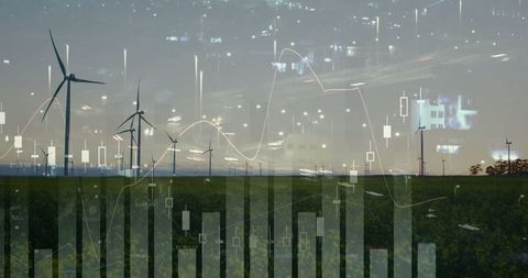 Wind turbines in the foreground convey the essence of renewable energy against a backdrop of power lines at dusk, bordered by both rural and urban settings. The overlay of candlestick, line, and bar charts represents the intersection of sustainable technology and the financial markets. This composition highlights the synergy between industry growth and environmental responsibility. Use for editorial content, sustainability reports, or financial investor presentations focusing on green investments and eco-friendly energy initiatives.