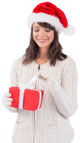 Joyful woman in santa hat opening transparent gift box with anticipation