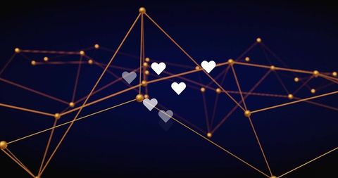 Futuristic Network with Heart Icons and Gold Nodes Visual