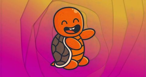 Cheerful orange cartoon turtle mascot on vibrant gradient background