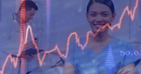 Smiling Nurse in Hospital Ward with Data Visualization Overlay