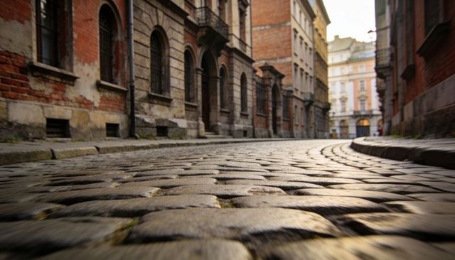 Low-angle cobblestone street curving through weathered brick arches in historic quarter