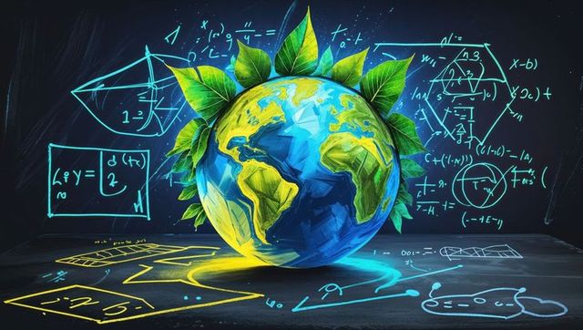 Earth Globe with Green Leaves Surrounded by Mathematical Formulas