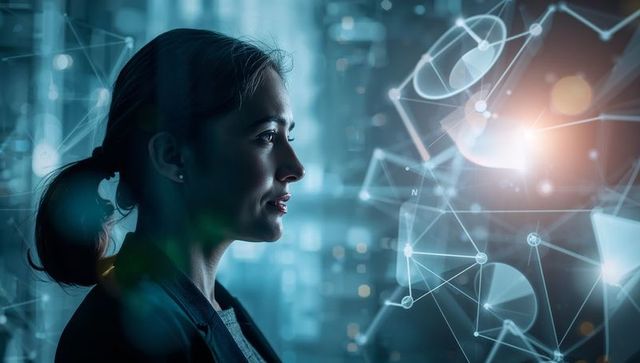 Businesswoman analyzing holographic AI network with neon teal visualization in urban office