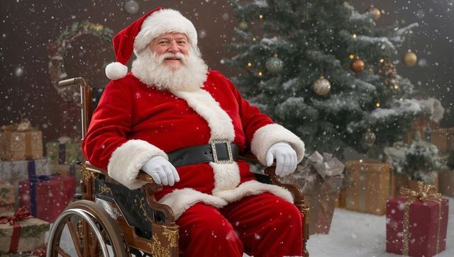 Santa Claus in Orate Wheelchair Surrounded by Festive Holiday Decorations