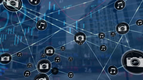 Digital Network of Media Icons Over Urban Cityscape