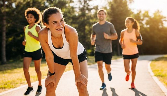 Smiling woman catching breath after run with group on sunlit park path during golden hour
