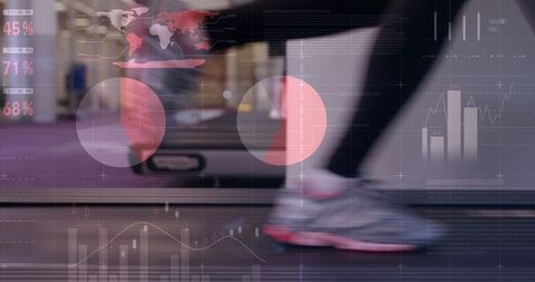 Visually capturing man's athletic activity intersecting with infographic data and analytics. Essential for illustrating advancements in fitness technology. Helpful in showcasing the merging of physical exercise and data analysis.