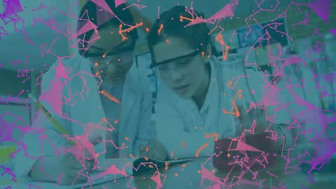 Young Scientists Collaborating over Chemical Experiment with Digital Network Concept