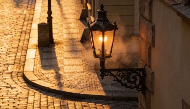 Glowing antique lantern casting warm amber light and mist over cobblestone alley