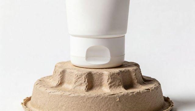 Minimalist white squeeze tube sitting on recycled molded-pulp pedestal for eco skincare packaging mo