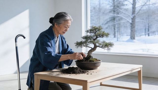 Senior woman tending bonsai by sunny window wearing blue kimono with cane and snow view
