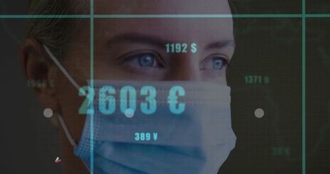 Woman Gazing in Medical Mask Over Digital Currency Display