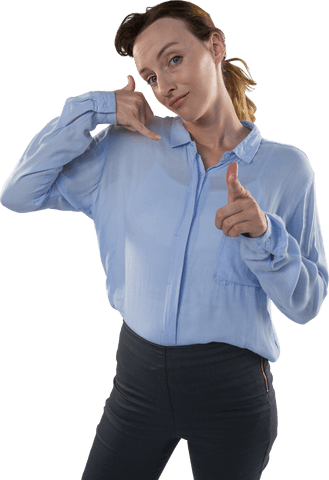 Transparent Businesswoman Gesturing Call Me in Blue Shirt
