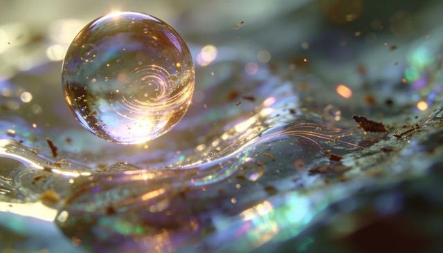 Hovering prismatic glass orb refracting spiral light over iridescent macro surface
