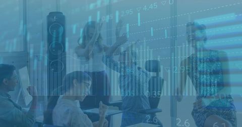 Business team celebrating success against financial data background