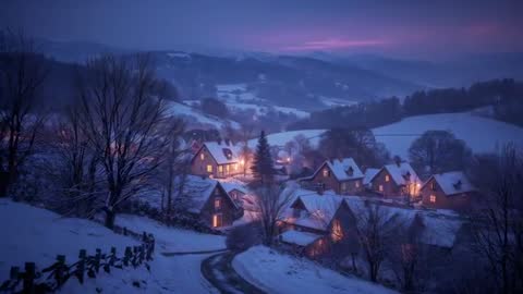 Camera panning across snow-covered hillside village at dusk with glowing cottages and winding road