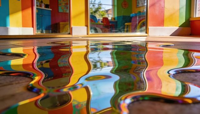 Sunlit rainbow reflection rippling across playroom floor with distorted striped mirrors