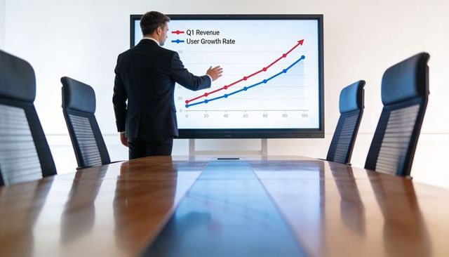 Executive presenting revenue and user growth charts on interactive screen in corporate boardroom