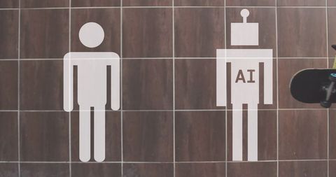 Human and ai restroom icons on tiled wall